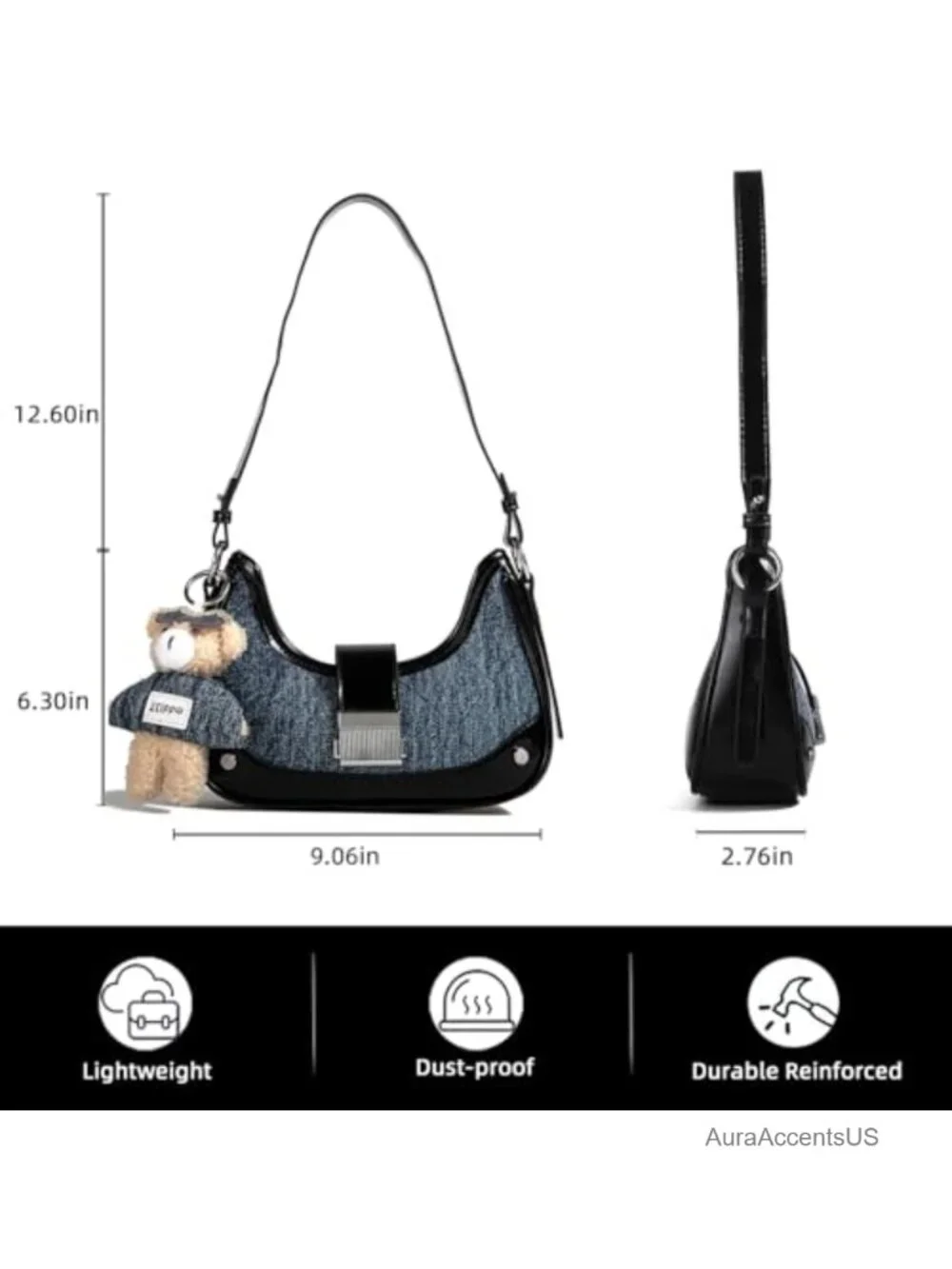 Denim & Leather Patchwork Shoulder Bag Vintage Satchel with Bear Charm